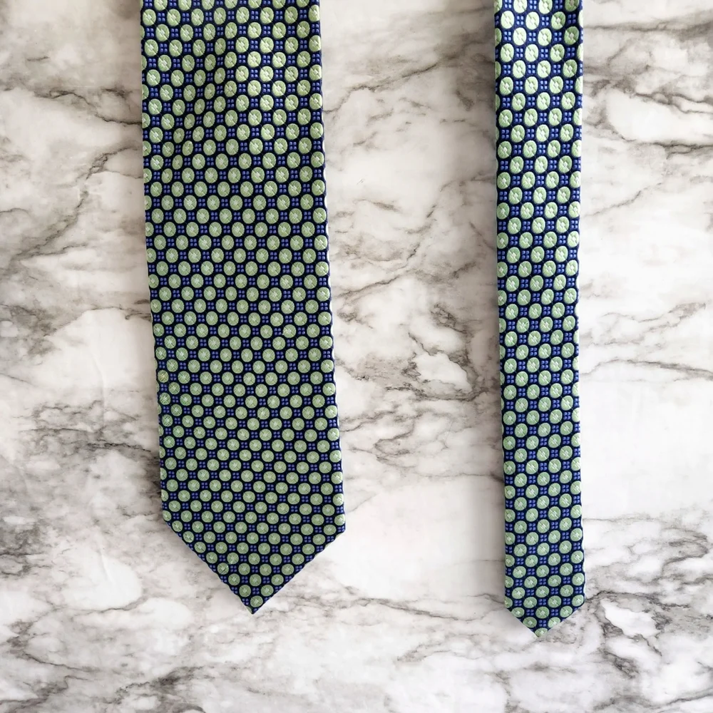 100% Silk Hand Made Mens Necktie, Green & Blue Pattern